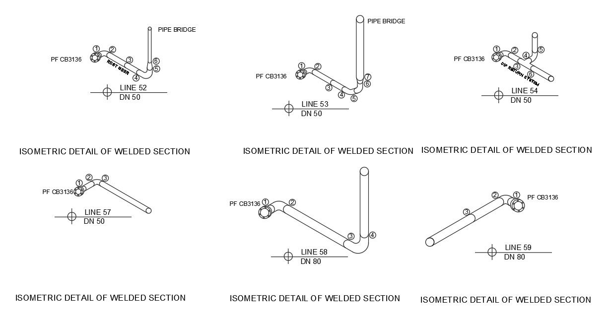 The Isometric view of the different types fo welded sections. Download the Autocad DWG drawing mode..