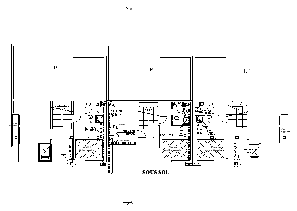 The Sanitary layout of the 32x13m first floor row villa house plan is given in this AutoCAD drawing model. Download now.