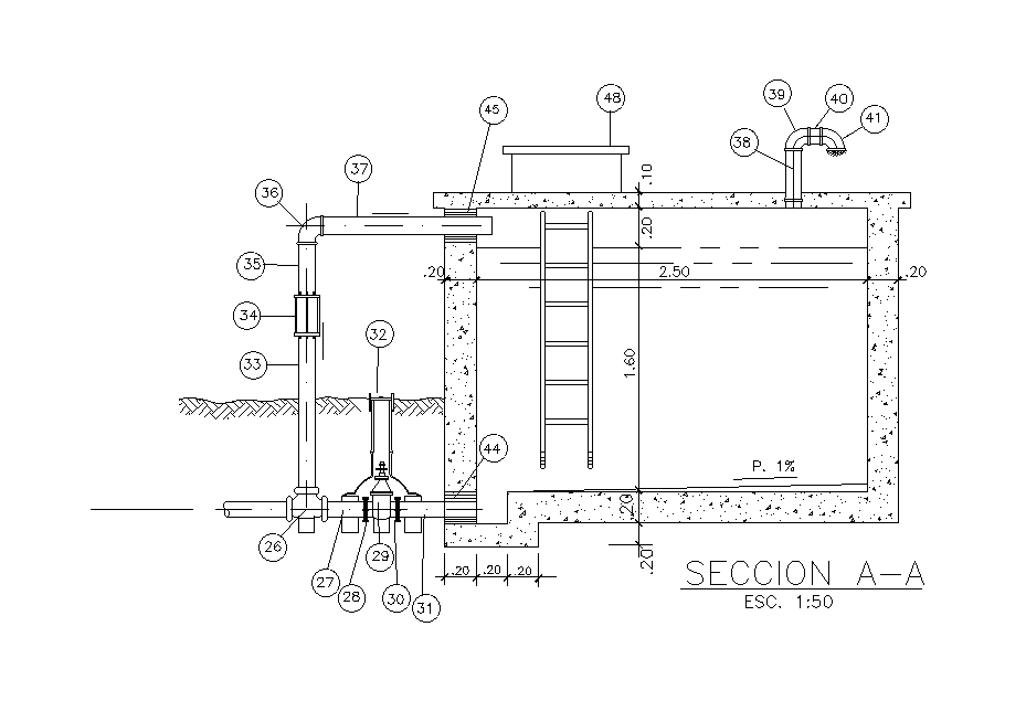 The Septic tank detail stated in this AutoCAD drawing file. Download this 2d AutoCAD drawing file.