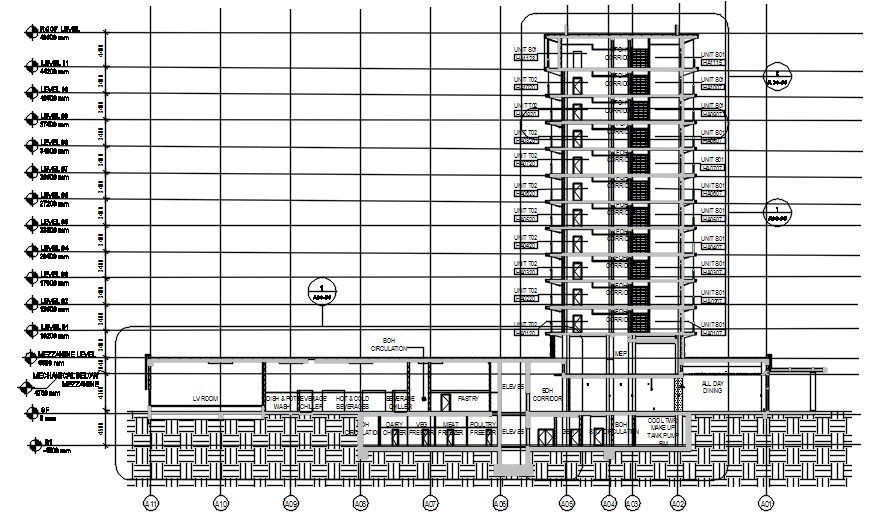 The Typical section details of the Stilt +10 of the hotel building is given in this AutoCAD DWG File.Download the AutoCAD DWG file now.