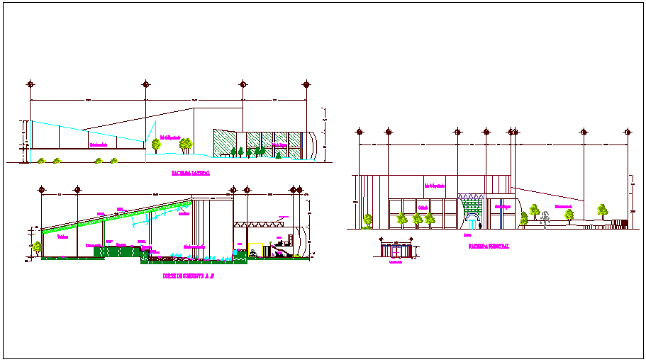 Theater of 350 spectators elevation and section view dwg file