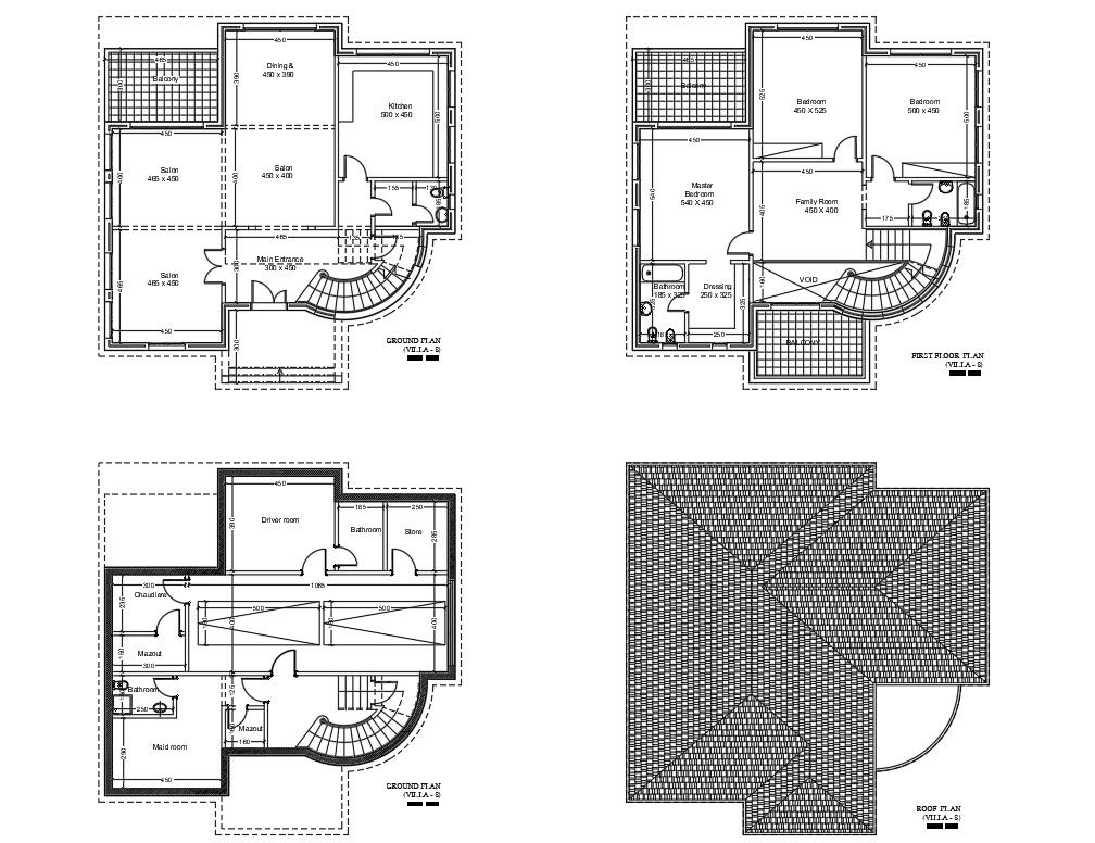 The autocad DWG drawing File shows villa plan of Basement Plan, Ground floor plan, first floor plan and roof plan. Download DWG file.