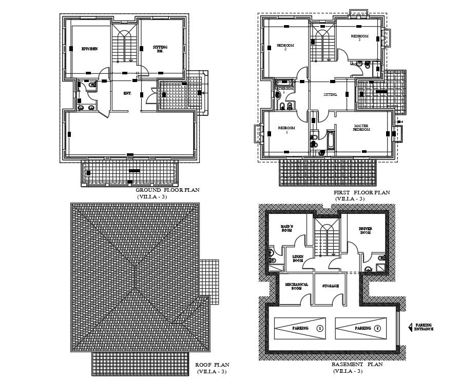 The autocad DWG drawing File shows villa plan of Basement Plan, Ground floor plan, first floor plan and roof plan. Download the Autocad file.