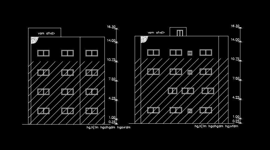 The back and left side elevation view of the 13x16m house building