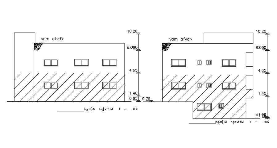 The back and left side elevation view of the 15x13m house building