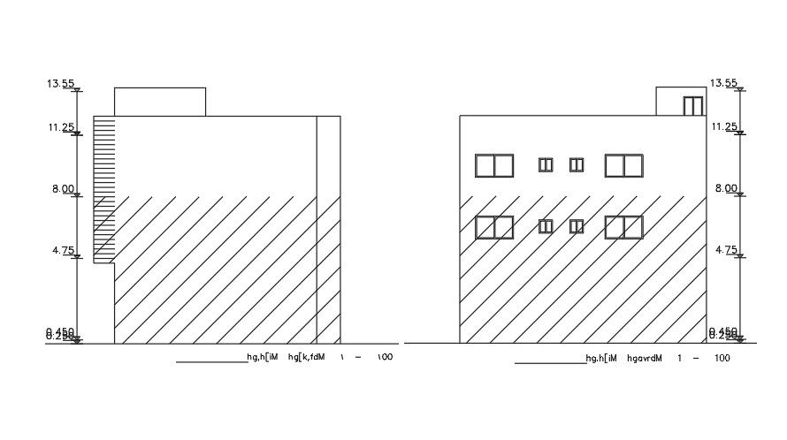 The back and right side elevation view of the 13x13m house building view