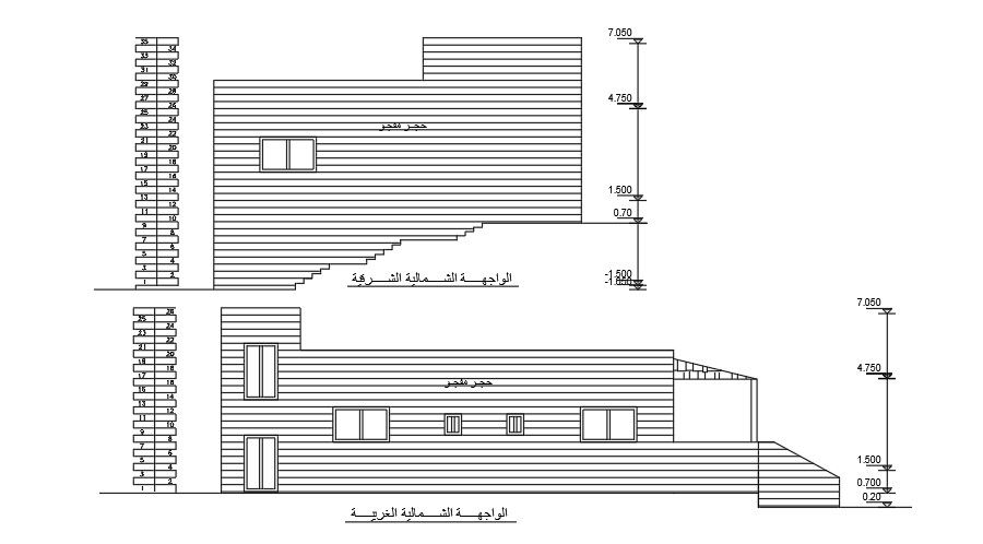 The back and right side elevation view of the 13x16m house building drawing