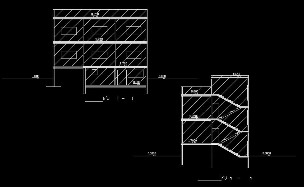 The back and right side section view of the 10x15m house building