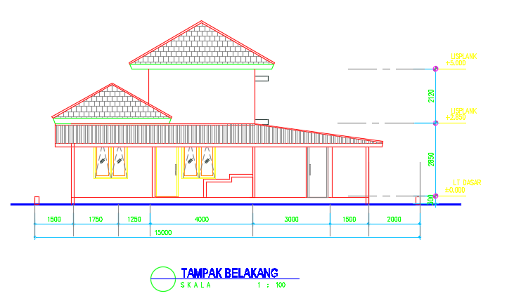 The back elevation view of the 37’x44’ home building CAD drawing