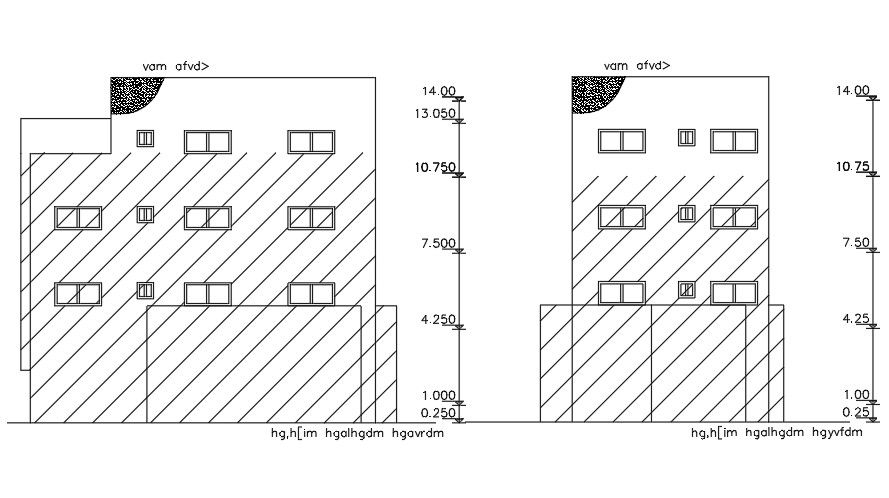 The back side and right side elevation view of the 16x8m house building