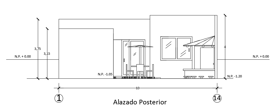 The back side cut section view of the 10x25m house building