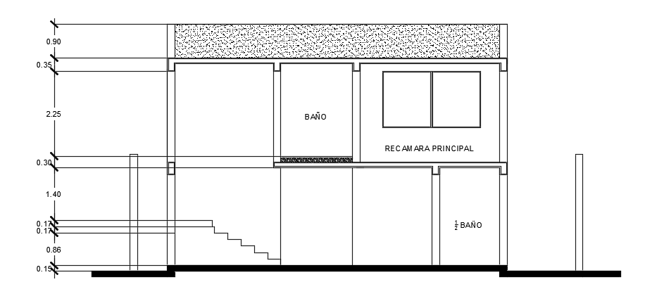 The back side cut section view of the 12x30m two story residential house building