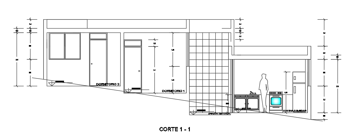 The back side cut section view of the 12x6m 3bhk house building CAD drawing