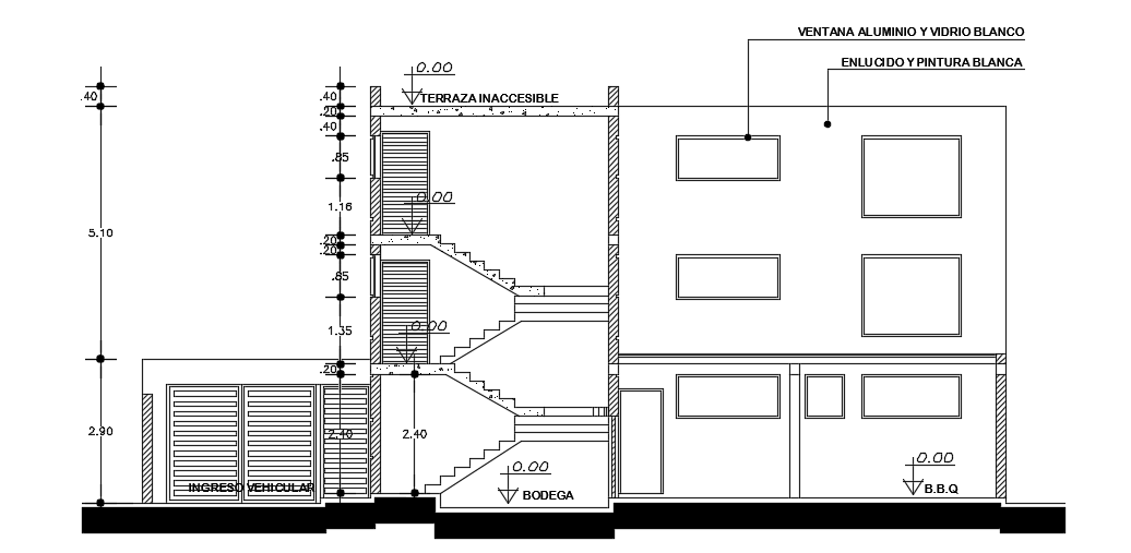 The back side cut section view of the 13x12m house plan cum local shop building
