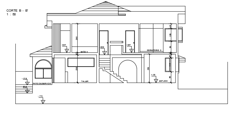 The back side cut section view of the 16x46m villa building AutoCAD drawing