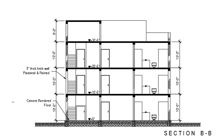 The back side cut section view of the 41x36 feet three story house building