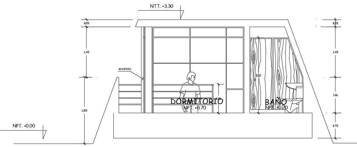 The back side cut section view of the 7x7m single story 1bhk house building cad drawing