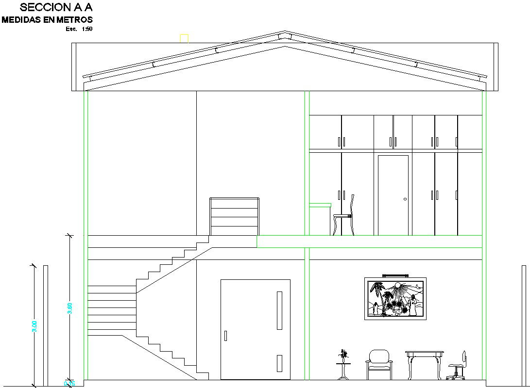 The back side cut section view of the 8x22m house building