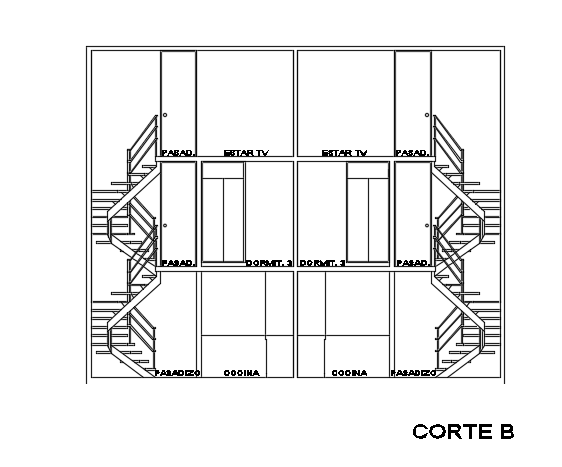 The back side cut section view of the 9X15m three story duplex house building