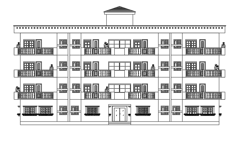 The back side elevation of the 27x20m apartment building 2d AutoCAD drawing