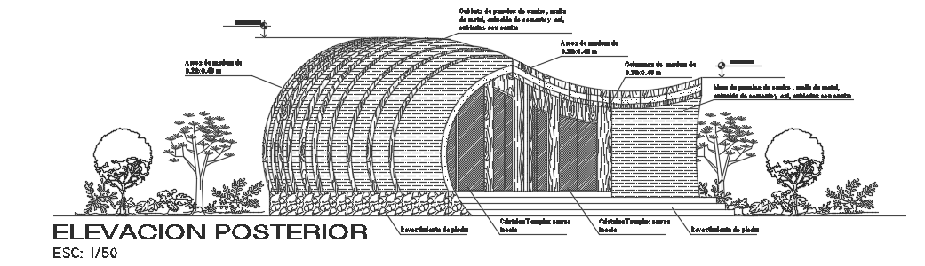 The back side elevation view of the 10x22m luxury bungalow house building