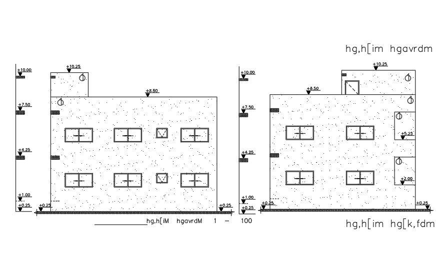 The back side elevation view of the 12x11m house building