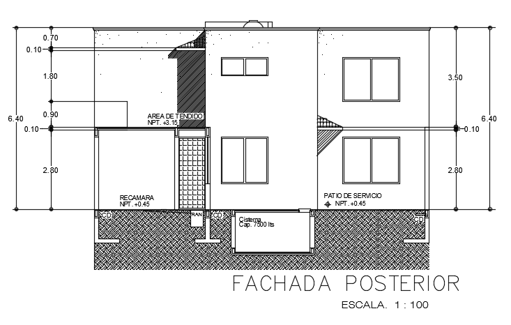 The back side elevation view of the 12x13m house building