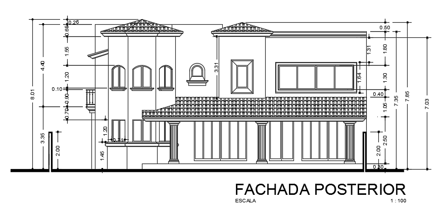 The back side elevation view of the 14X18m architecture house building cad drawing