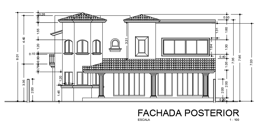 The back side elevation view of the 14x17m house building is given in this file