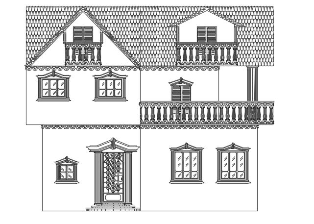 The back side elevation view of the 15x15m duplex house building AutoCAD drawing