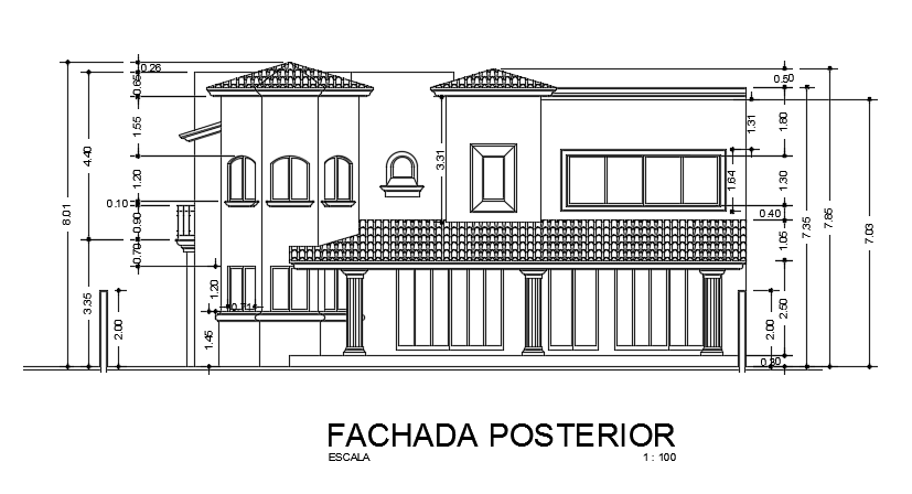 The back side elevation view of the 15x28m house building