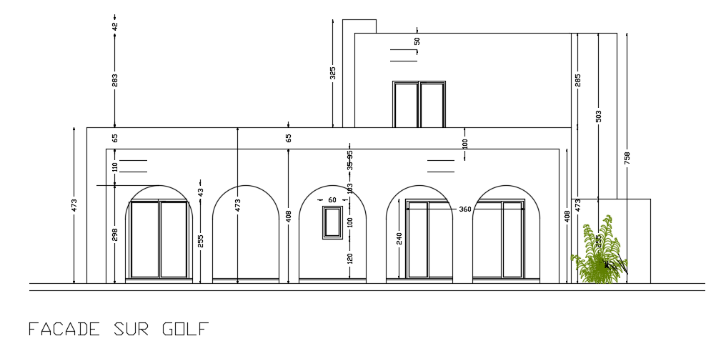 The back side elevation view of the 16x15m house building
