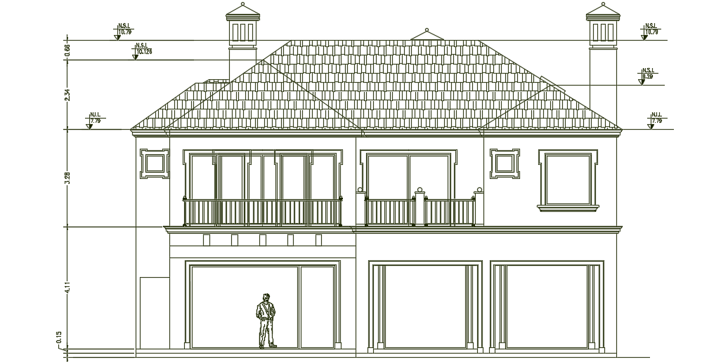 The back side elevation view of the 16x25m architecture two story residential house