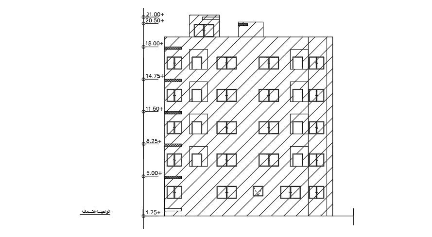 The back side elevation view of the 17x17m house building