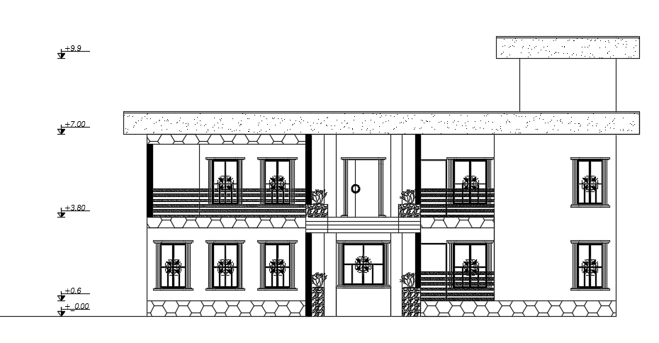 The back side elevation view of the 18x18m house building 2d AutoCAD drawing