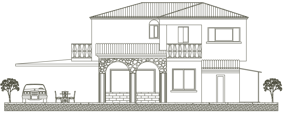 The back side elevation view of the 20x20m house building