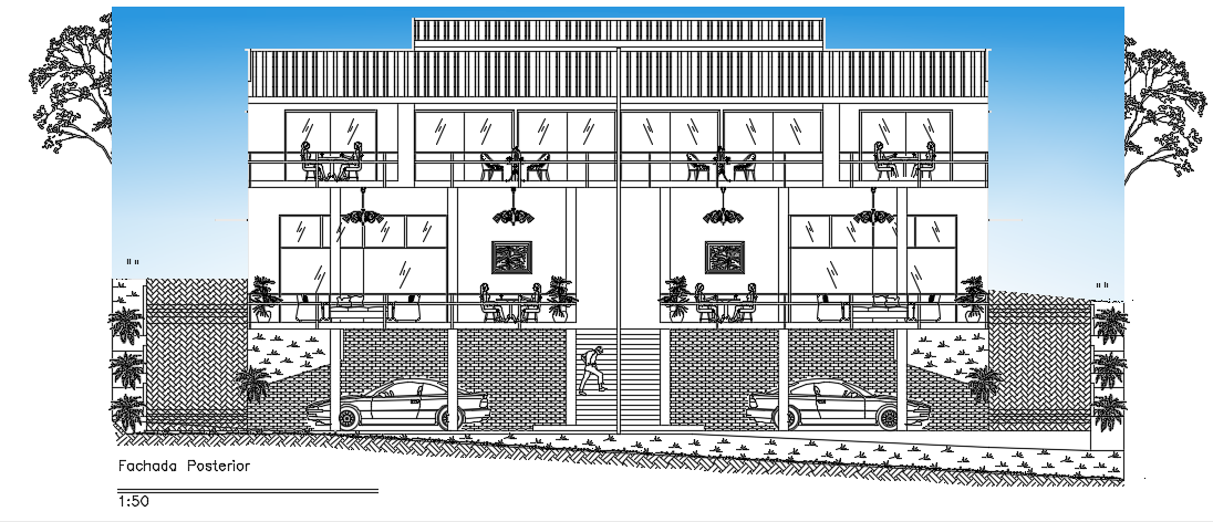 The back side elevation view of the 22x19m faculty quarters building