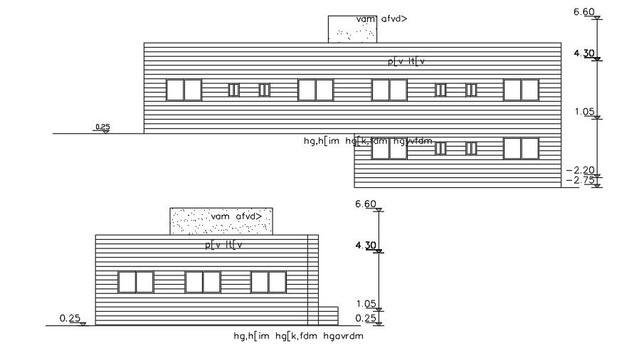 The back side elevation view of the 23x12m house building drawing