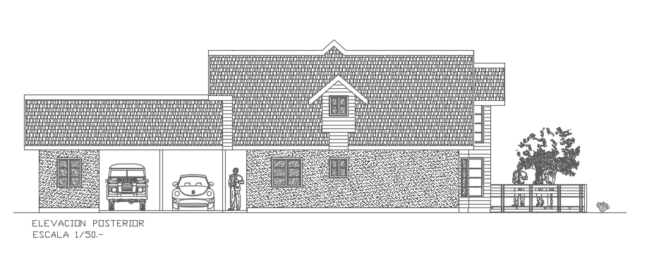 The back side elevation view of the 23x22m house building