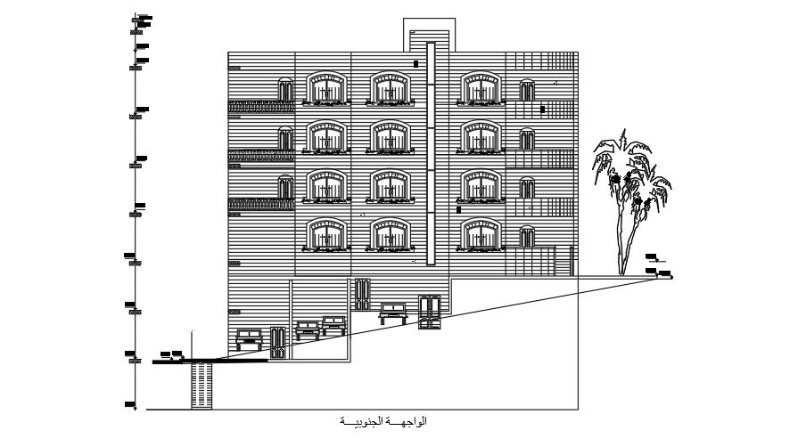 The back side elevation view of the 24x14 Meter Apartment building