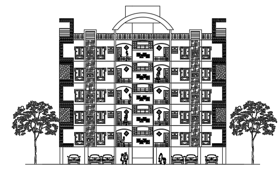 The back side elevation view of the 25x20m apartment house building