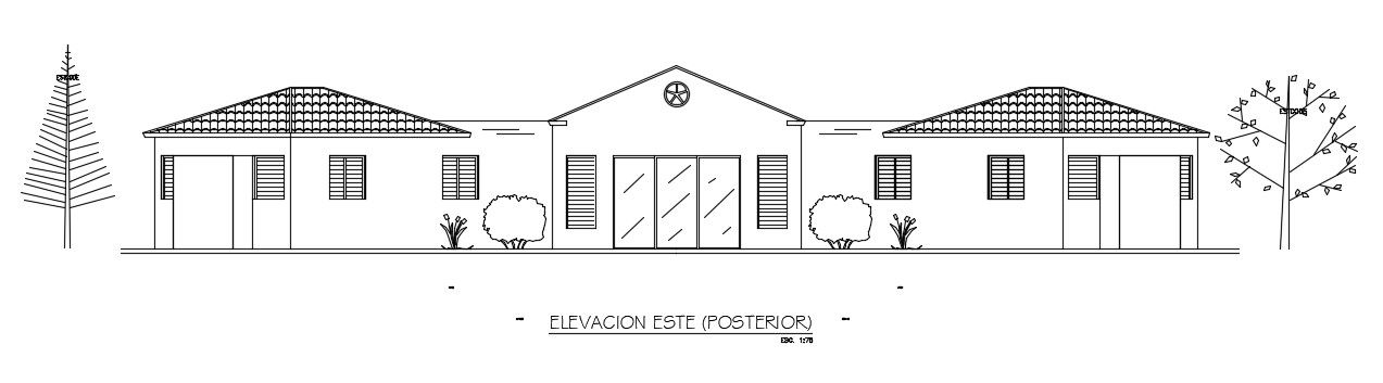 The back side elevation view of the 30x30m luxury house building is given in this AutoCAD drawing model.Download now.