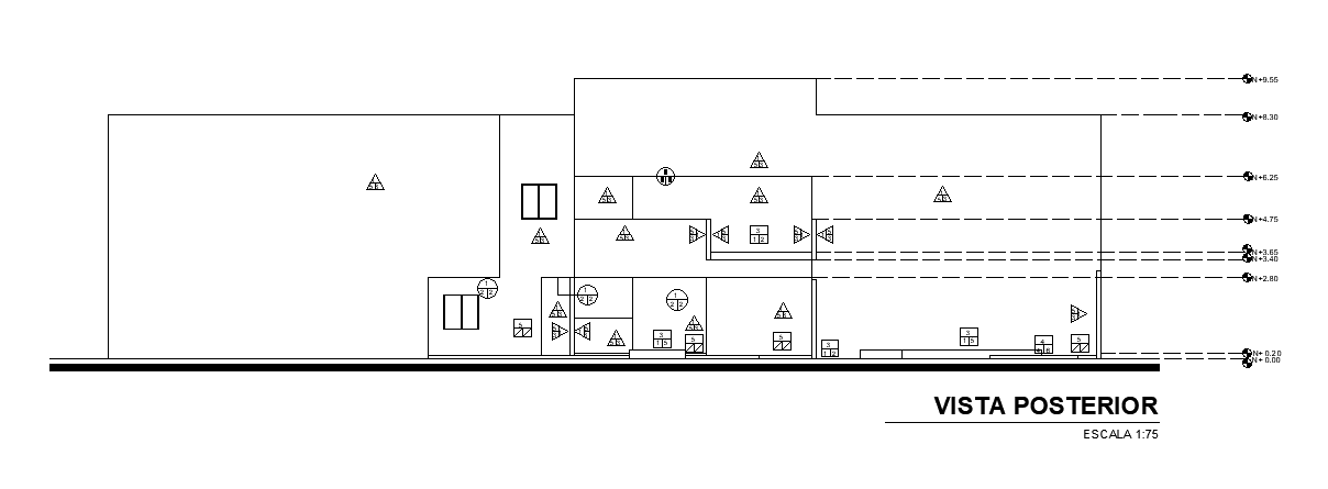 The backside elevation view of the 34x21m architectural office building is given in this AutoCAD drawing model.