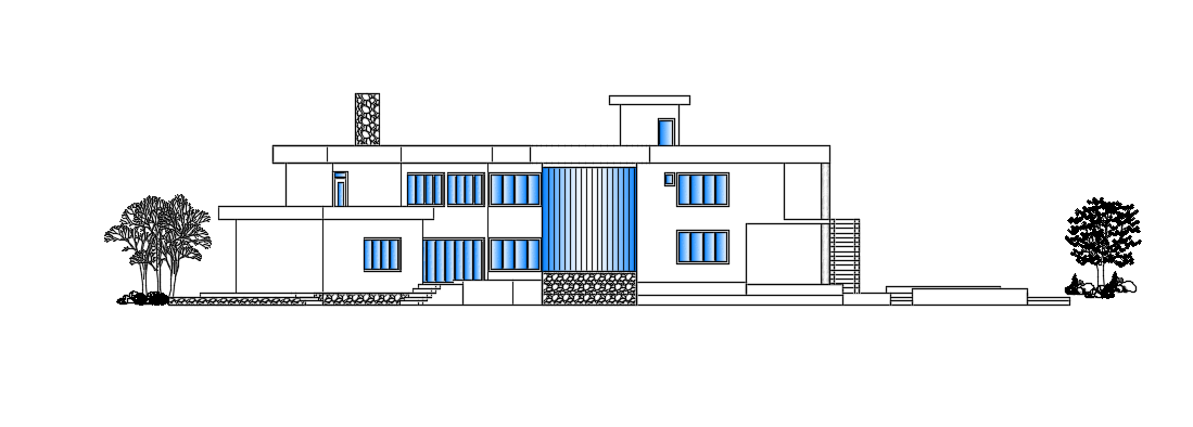 The back side elevation view of the 40x22m luxury villa building