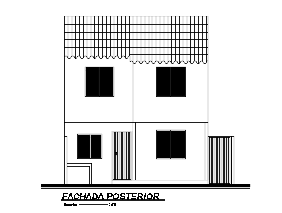 The back side elevation view of the 6x12m two story duplex house building cad model
