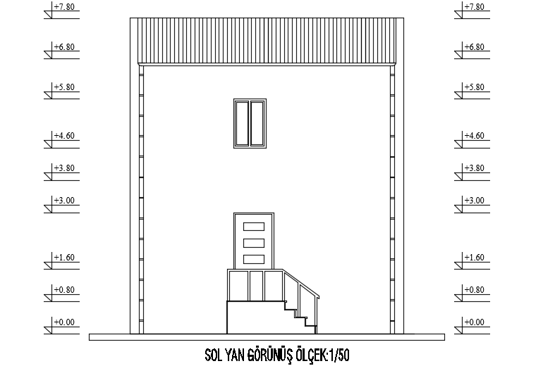 The back side elevation view of the 6x5m house building 2d AutoCAD model