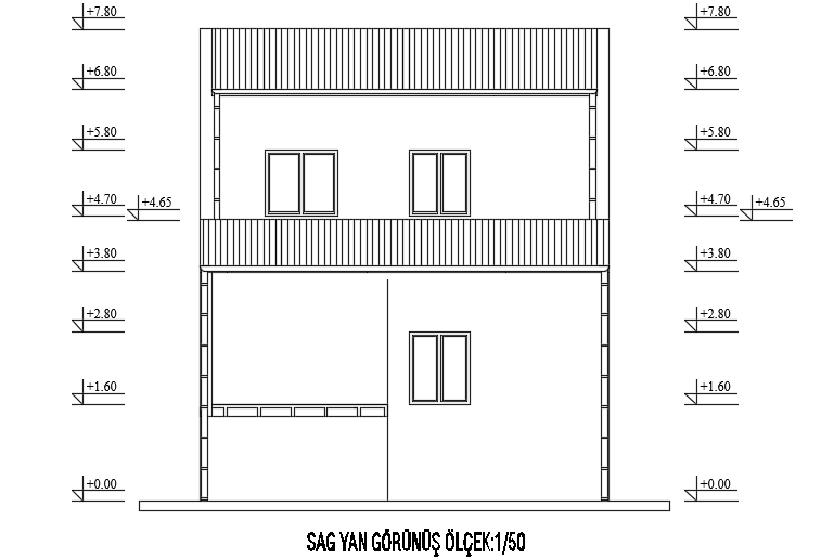 The back side elevation view of the 6x5m simple two story house building drawing