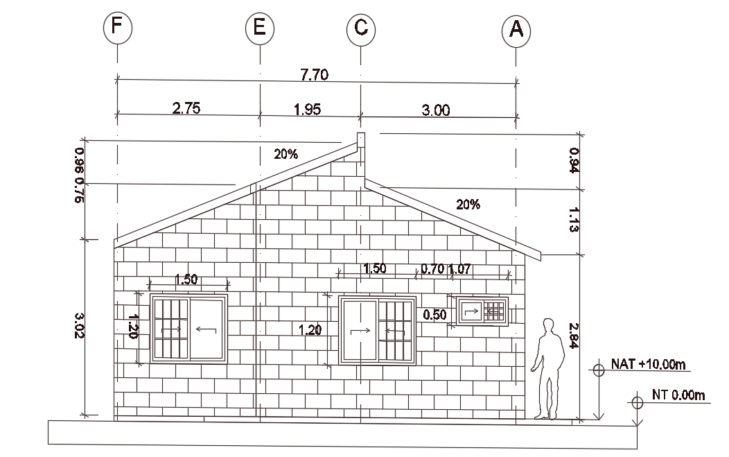 The back side elevation view of the 7x10m home building model