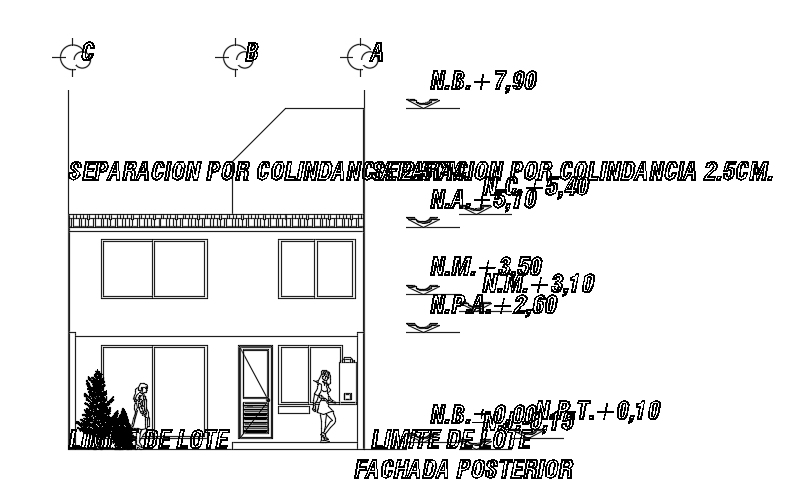 The back side elevation view of the 7x23m house building AutoCAD drawing