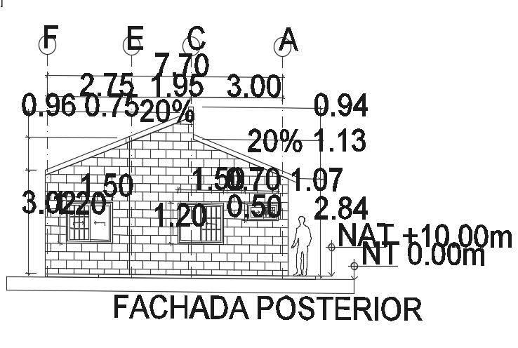 The back side elevation view of the 8x10 house building CAD drawing